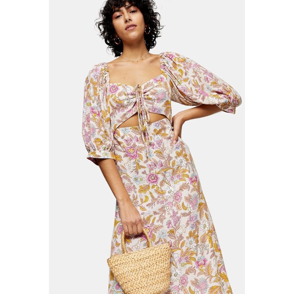 Topshop Petite Floral Puff Sleeve Cutout Midi Dress Pink Yellow US 2 P Cottage